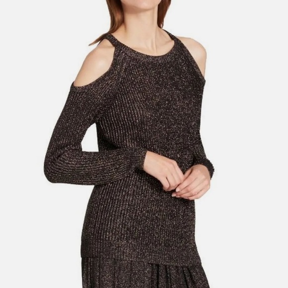 DKNY Cold Shoulder Knit Metallic Sweater Long Sleeve in Black Gold Size Medium - Picture 13 of 14